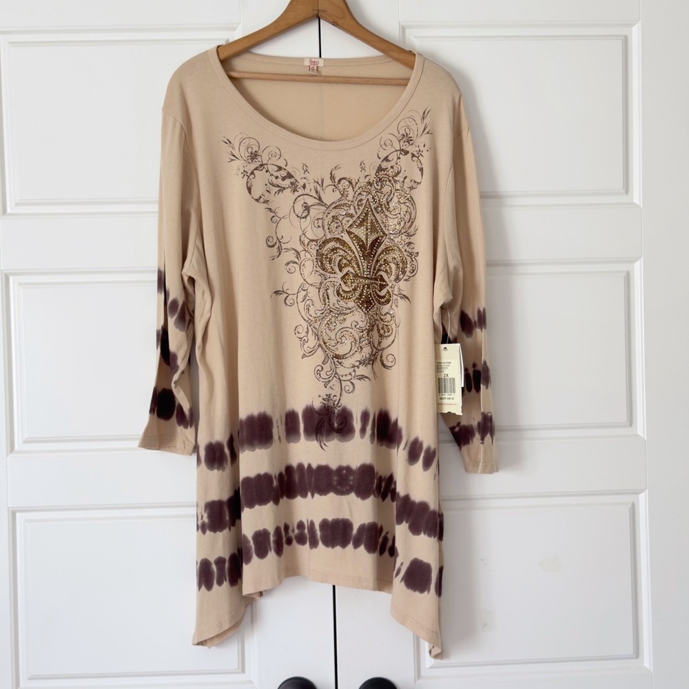 Reba Embellished Tie Dye Western Tunic Top 2X Earthy Fleur-de-Lis Bling Graphic